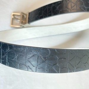 Calvin Klein Belt Reversable Fashion Black Logo Tooled White Brush Stroke Print